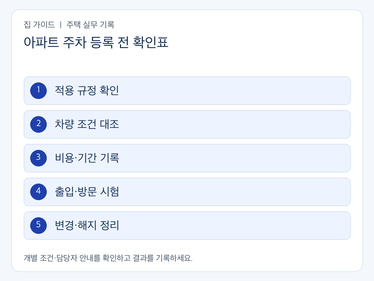 아파트 주차 등록 전 확인표의 확인 순서: 적용 규정 확인 → 차량 조건 대조 → 비용·기간 기록 → 출입·방문 시험 → 변경·해지 정리