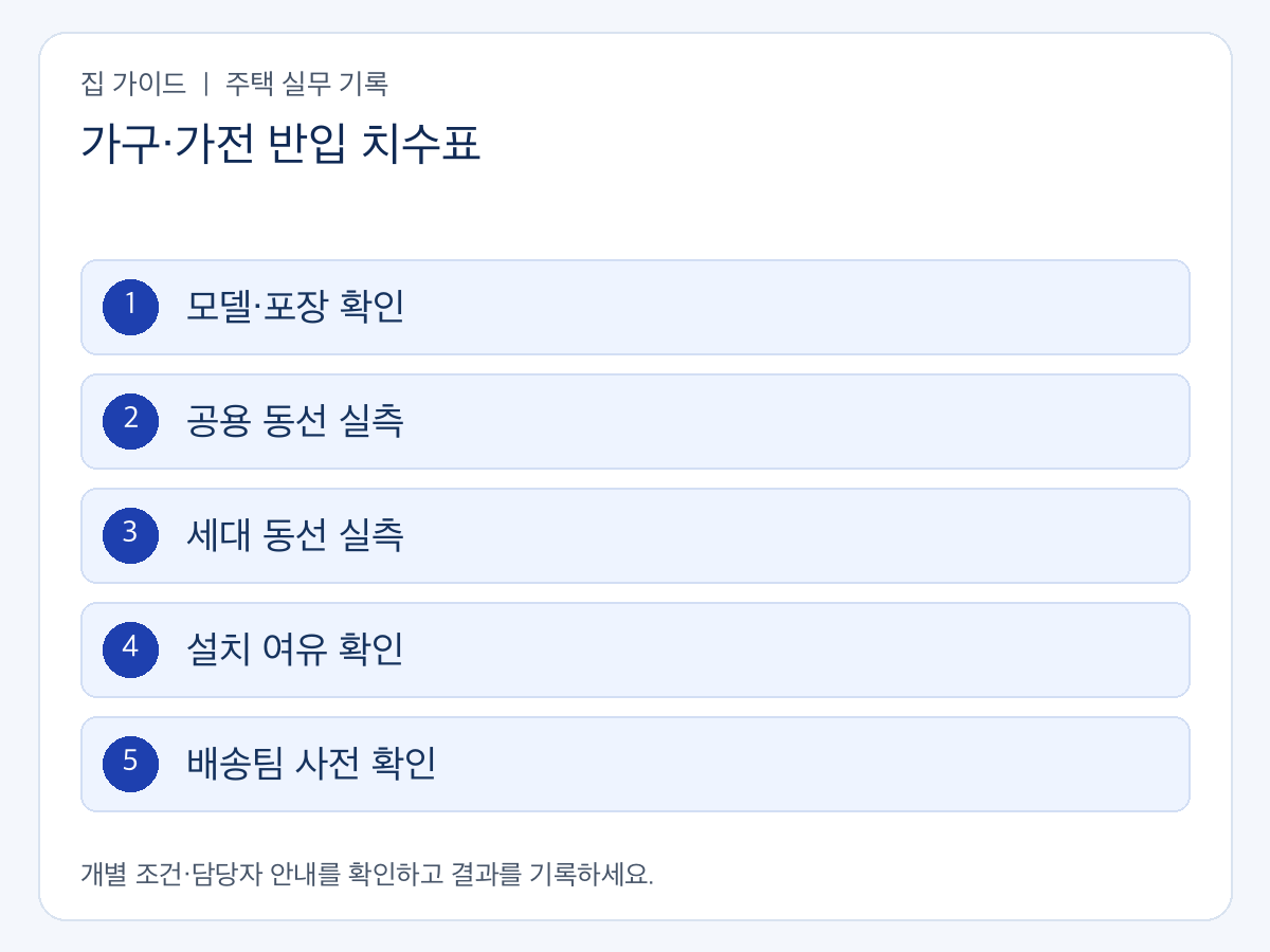 가구·가전 반입 치수표의 확인 순서: 모델·포장 확인 → 공용 동선 실측 → 세대 동선 실측 → 설치 여유 확인 → 배송팀 사전 확인