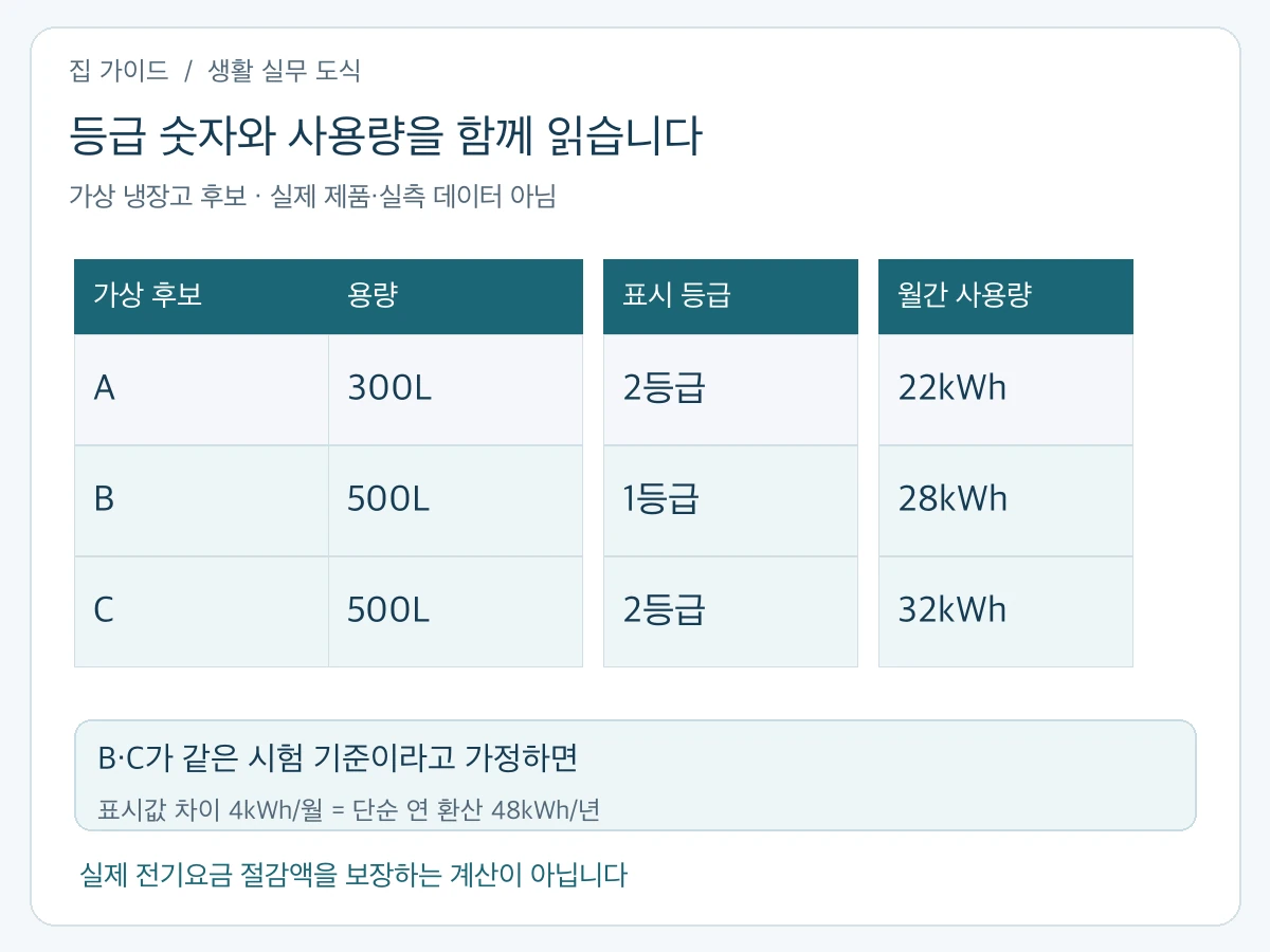 가전 효율 비교 순서: 같은 제품군과 필요한 용량 확인, 정확한 모델명과 기준 확인, kWh 단위와 기간 통일, 라벨 비용과 실제 청구 구분