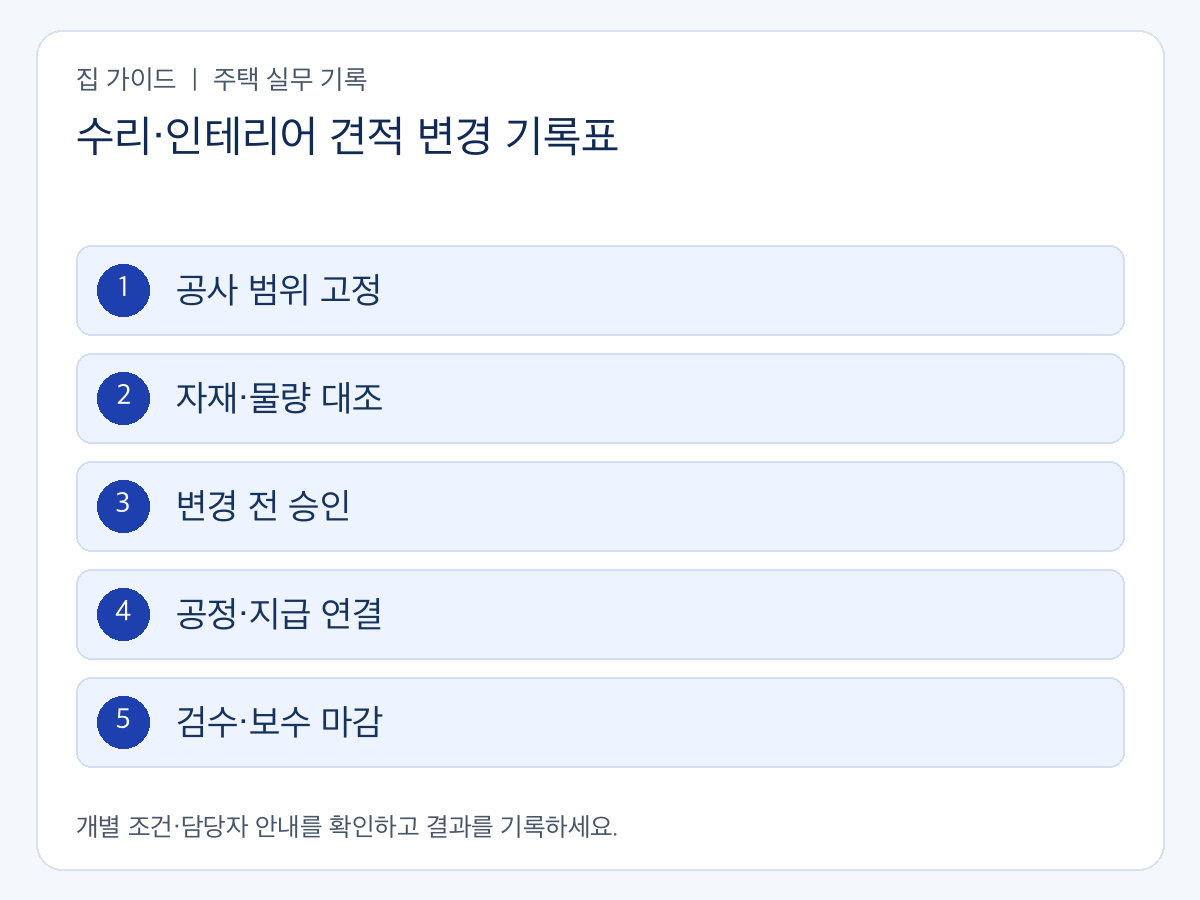 수리·인테리어 견적 변경 기록표의 확인 순서: 공사 범위 고정 → 자재·물량 대조 → 변경 전 승인 → 공정·지급 연결 → 검수·보수 마감