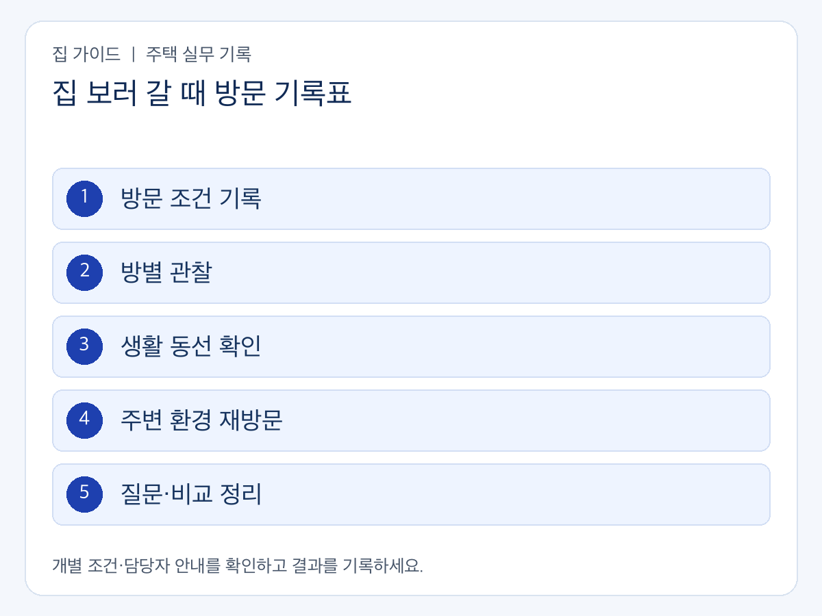 집 보러 갈 때 방문 기록표의 확인 순서: 방문 조건 기록 → 방별 관찰 → 생활 동선 확인 → 주변 환경 재방문 → 질문·비교 정리
