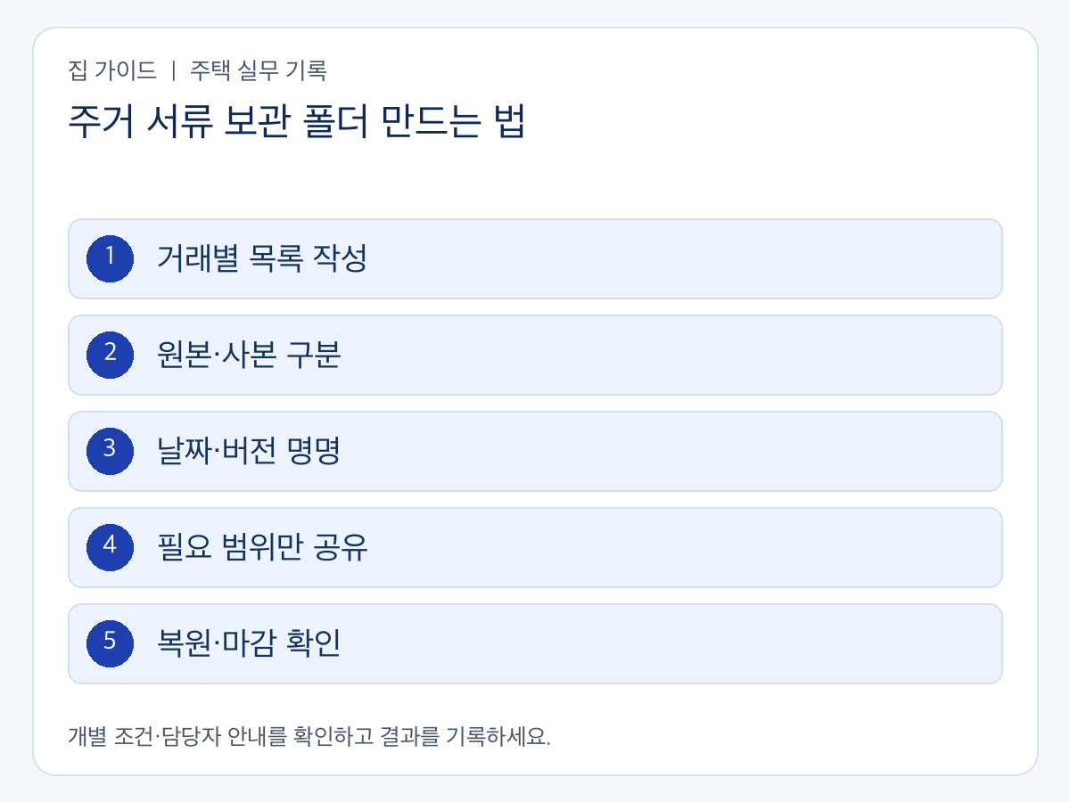 주거 서류 보관 폴더 만드는 법의 확인 순서: 거래별 목록 작성 → 원본·사본 구분 → 날짜·버전 명명 → 필요 범위만 공유 → 복원·마감 확인
