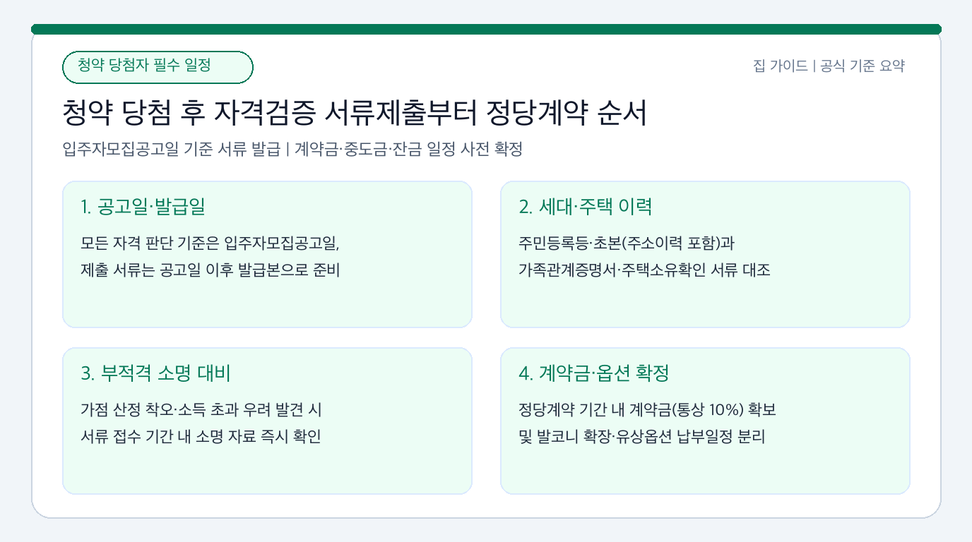 청약 당첨 후 서류제출 기준일 확인부터 자격검증·정당계약·계약금 준비 순서