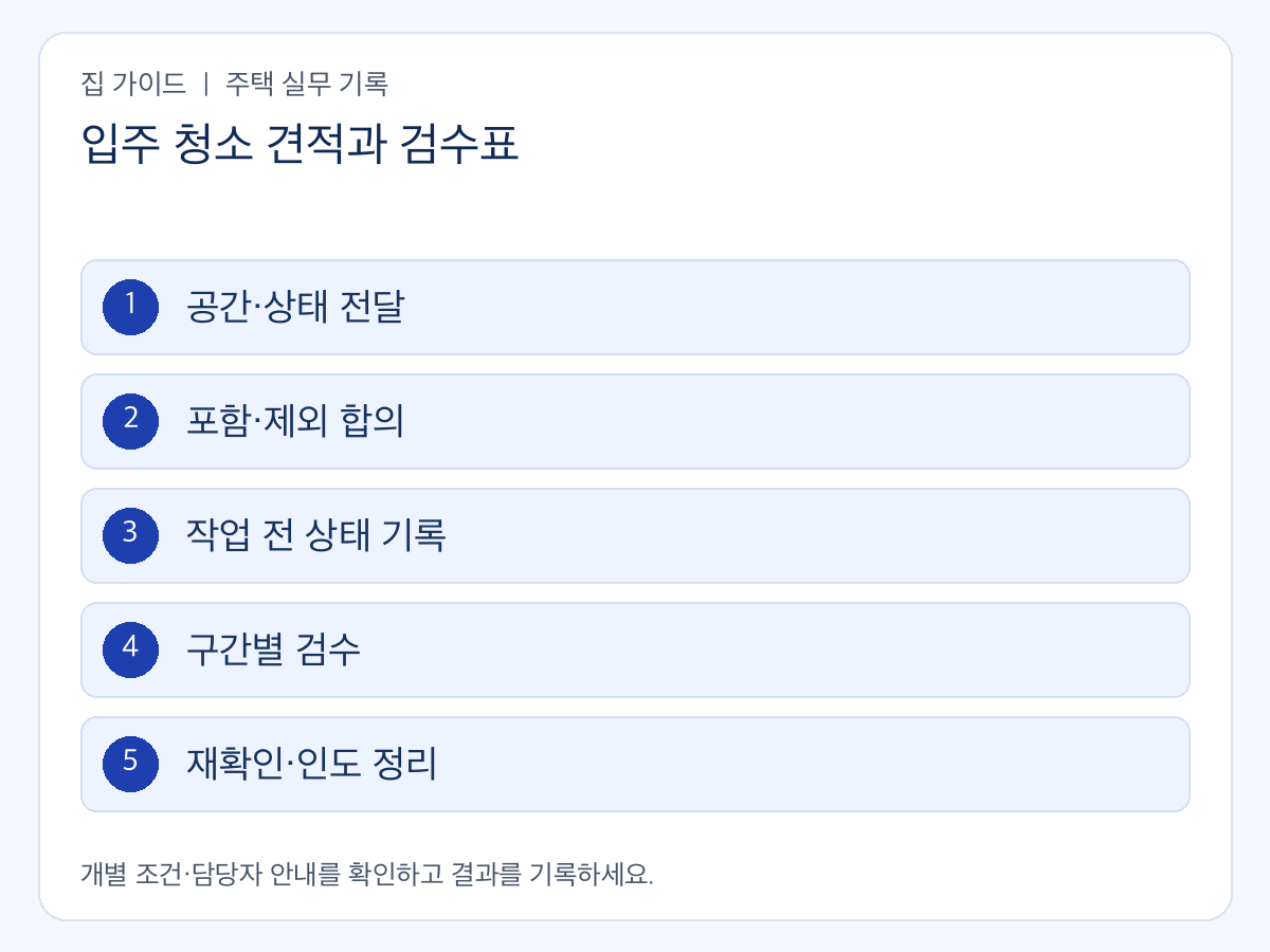 입주 청소 견적과 검수표의 확인 순서: 공간·상태 전달 → 포함·제외 합의 → 작업 전 상태 기록 → 구간별 검수 → 재확인·인도 정리