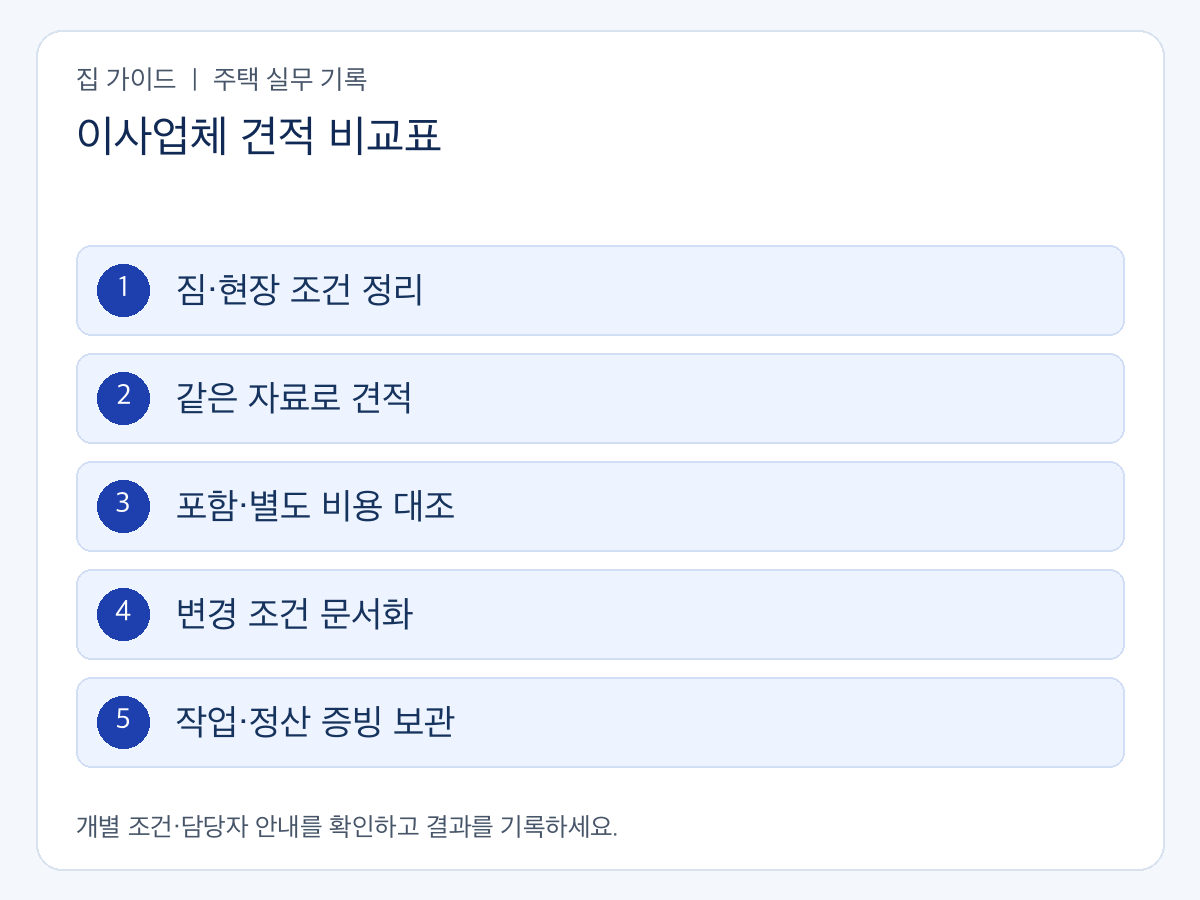 이사업체 견적 비교표의 확인 순서: 짐·현장 조건 정리 → 같은 자료로 견적 → 포함·별도 비용 대조 → 변경 조건 문서화 → 작업·정산 증빙 보관