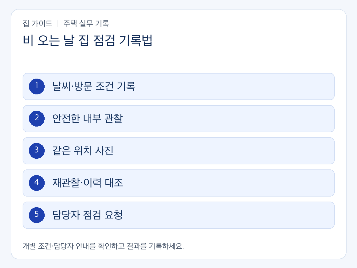 비 오는 날 집 점검 기록법의 확인 순서: 날씨·방문 조건 기록 → 안전한 내부 관찰 → 같은 위치 사진 → 재관찰·이력 대조 → 담당자 점검 요청