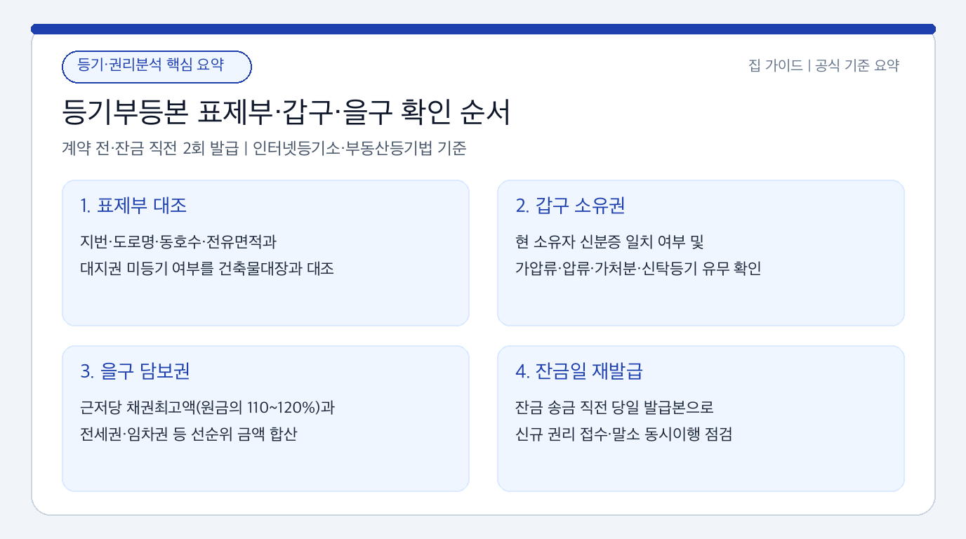 등기부등본 표제부·갑구·을구 권리관계 확인 순서와 잔금 직전 재발급 점검표
