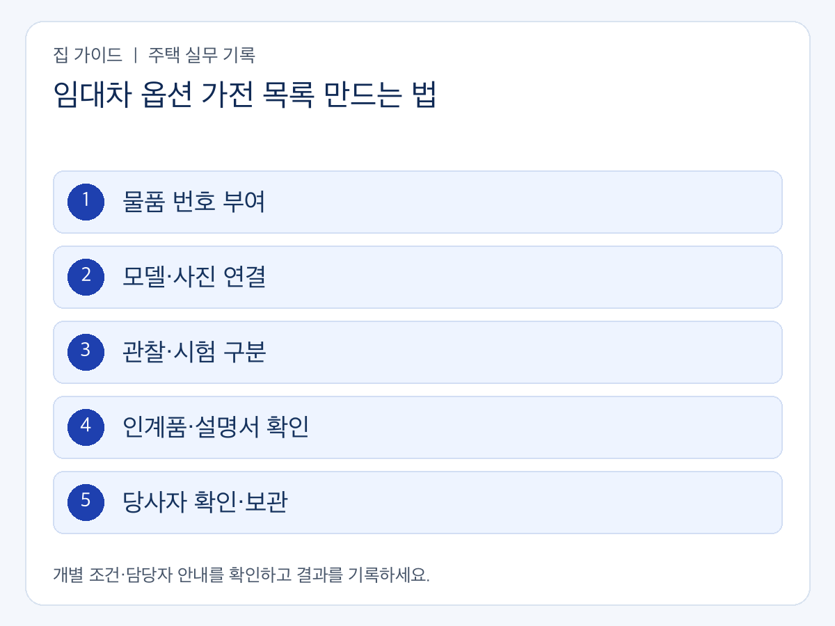 임대차 옵션 가전 목록 만드는 법의 확인 순서: 물품 번호 부여 → 모델·사진 연결 → 관찰·시험 구분 → 인계품·설명서 확인 → 당사자 확인·보관